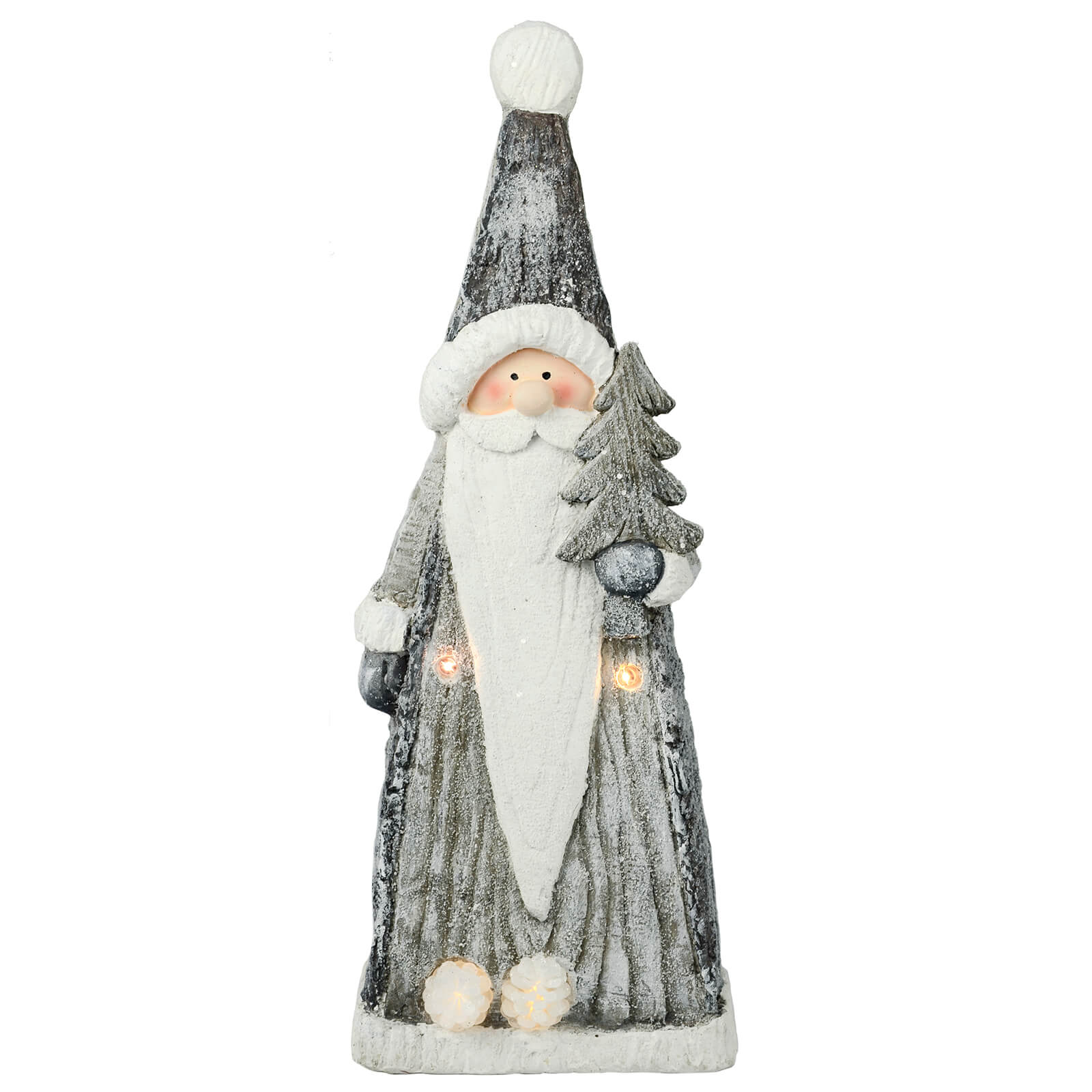 Grey and white large Santa ornament with light up pine cones, wood grain and bark effect